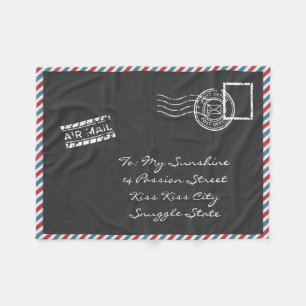 Dark Gray Vintage Air Mail Postcard Fleece Blanket