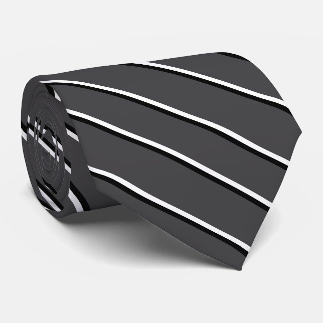 Dark Gray, White and Black Diagonal Stripes Tie (Rolled)