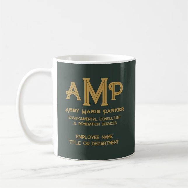 Dark Green 3 Letter Gold Monogram Logo  Coffee Mug (Left)