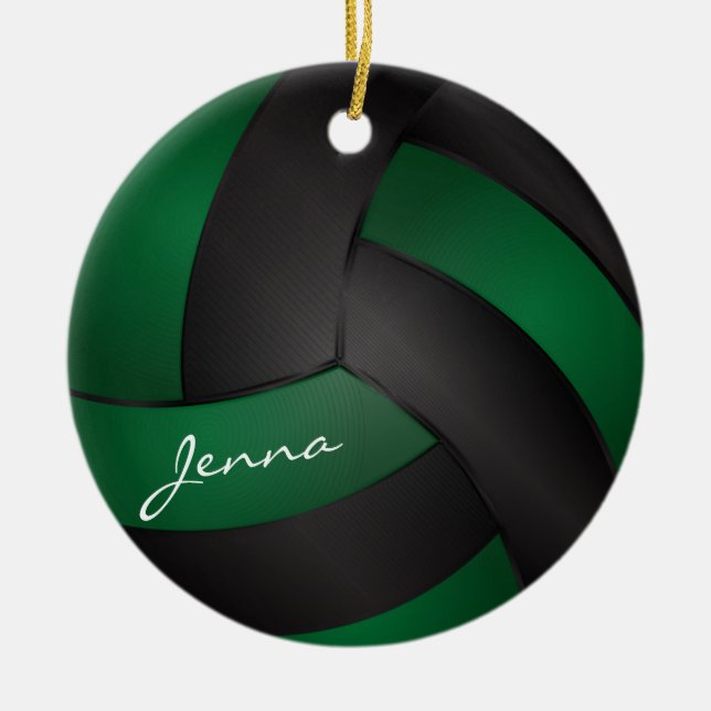 Dark Green and Black Personalize Volleyball Ceramic Ornament (Front)
