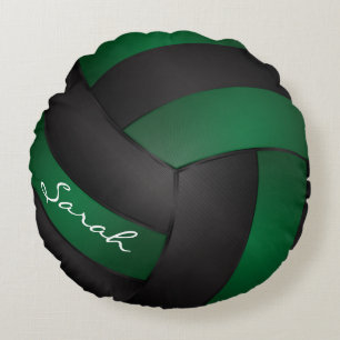 Dark Green and Black Volleyball   Personalize Round Pillow