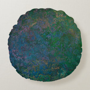 Dark Green and Blue Alcohol Ink Abstract Round Pillow