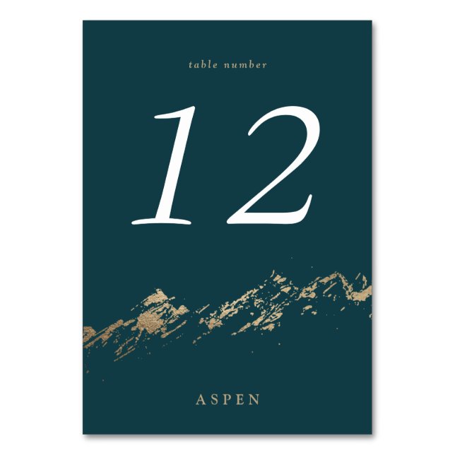 Dark Green and Faux Gold Foil Mountains Table Card (Front)
