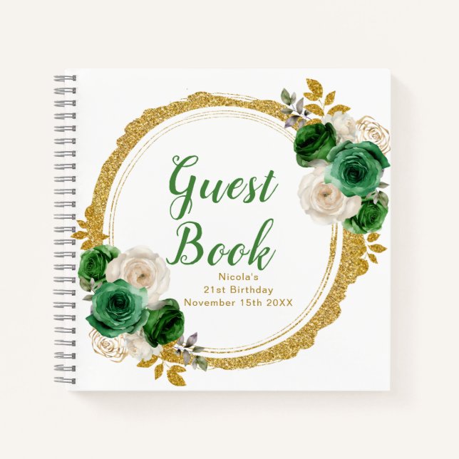 Dark Green and Gold Elegant Flowers Birthday Party Notebook (Front)