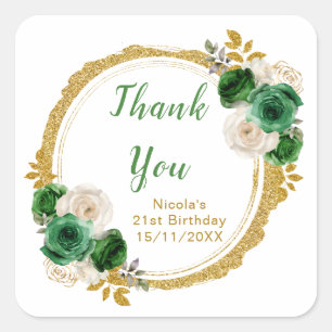 Dark Green and Gold Elegant Flowers Birthday Party Square Sticker