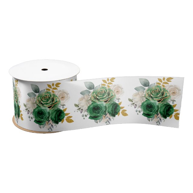 Dark Green and Gold Elegant Flowers Satin Ribbon (Spool)