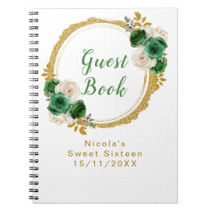 Dark Green and Gold Elegant Flowers Sweet Sixteen Notebook