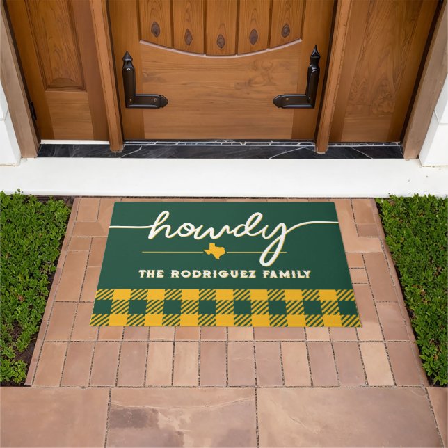 Dark Green and Gold Howdy Buffalo Plaid Doormat (Outdoor)