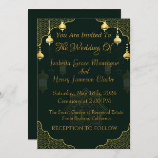 Dark green and gold script wedding invitation