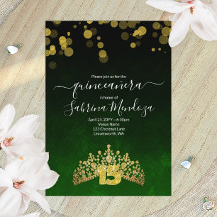 Dark Green and Gold Tiara Quinceanera Invitation