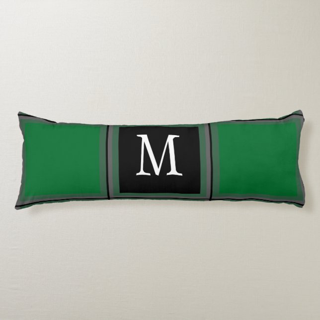 Dark Green and Grey Custom Single Initial Striped Body Pillow (Front)