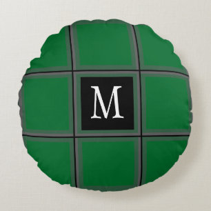 Dark Green and Grey Custom Single Initial Striped Round Pillow