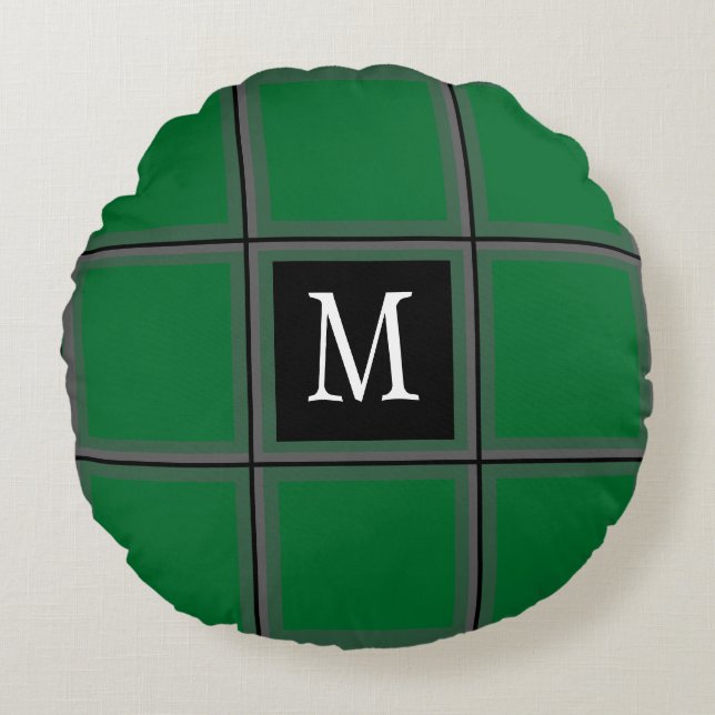 Dark Green and Grey Custom Single Initial Striped  Round Pillow (Front)