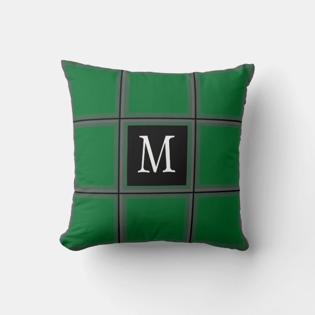 Dark Green and Grey Custom Single Initial Striped  Throw Pillow (Front)