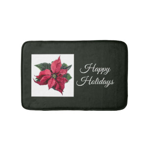 Dark Green and Poinsettia Holiday Bath Mat