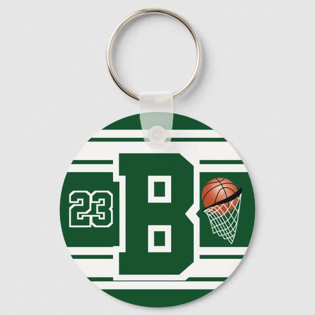 Dark Green and White Basketball Letter and Number Keychain (Front)