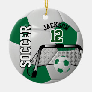 Dark Green and White Personalize Soccer Ball Ceramic Ornament