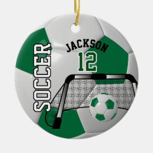 Dark Green and White Personalize Soccer Ball Ceramic Ornament