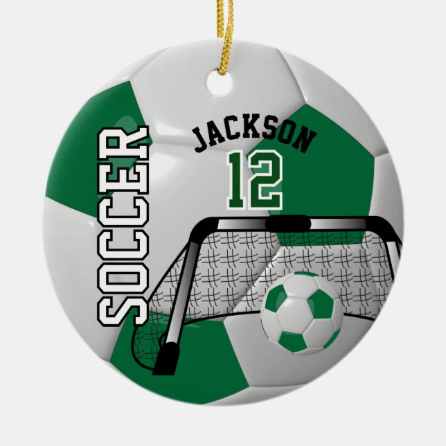 Dark Green and White Personalize Soccer Ball Ceramic Ornament (Front)