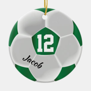 Dark Green and White Soccer Ball Ceramic Ornament