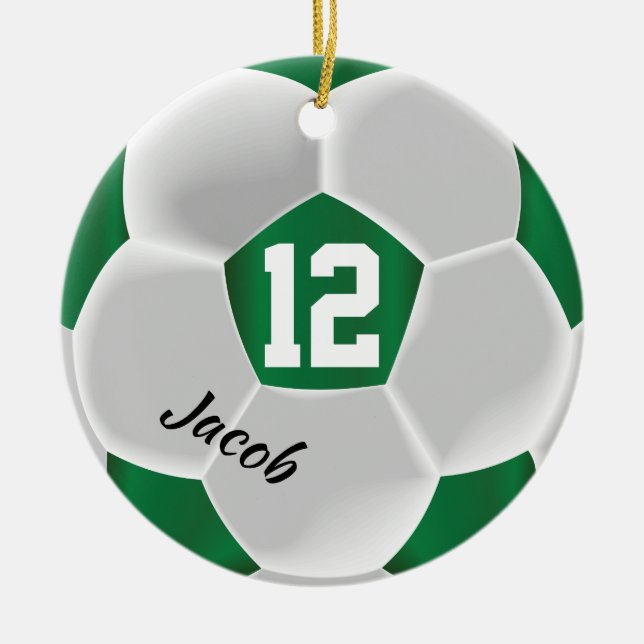 Dark Green and White Soccer Ball Ceramic Ornament (Front)