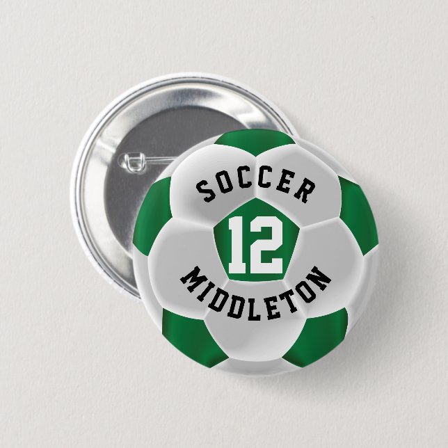 Dark Green and White Soccer Sport Ball 2 Inch Round Button (Front & Back)