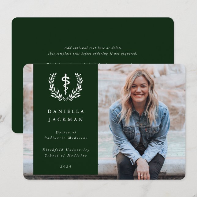 Dark Green Asclepius Medical Graduation Photo Announcement (Front/Back)