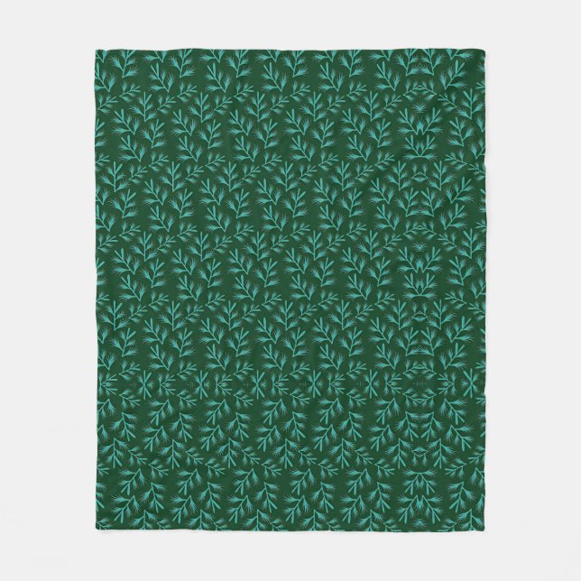  Dark Green Background with Teal Botanical Leaves Fleece Blanket (Front)