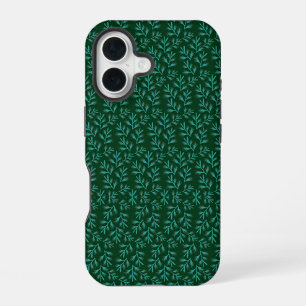 Dark Green Background with Teal Botanical Leaves iPhone 16 Case