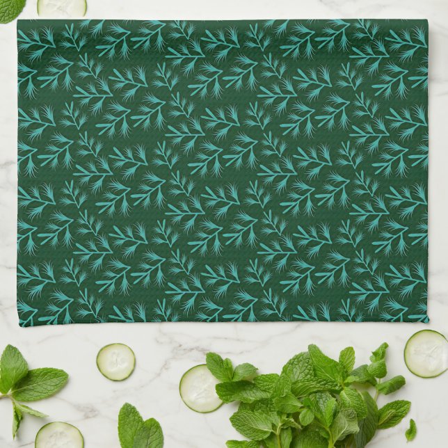  Dark Green Background with Teal Botanical Leaves Kitchen Towel (Folded)