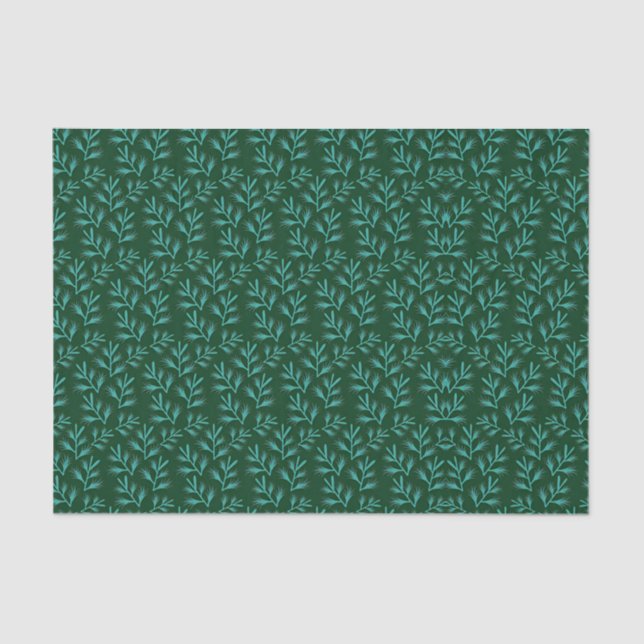 Dark Green Background with Teal Botanical Leaves Tissue Paper (Front)