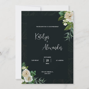 Dark Green Background with White Flower wedding Invitation