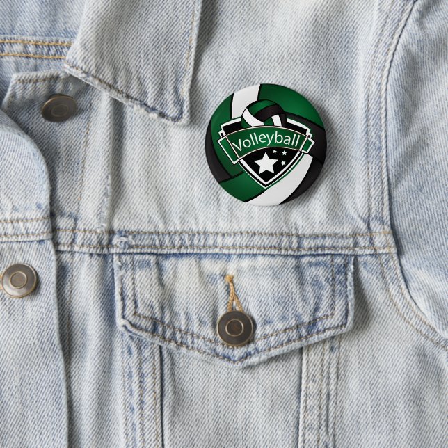 Dark Green, Black and White Volleyball 2 Inch Round Button (In Situ)