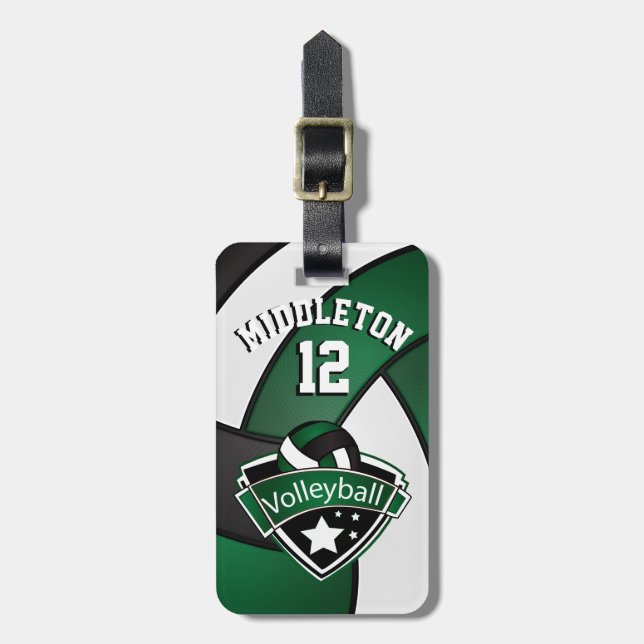 Dark Green, Black and White Volleyball 🏐 Luggage Tag (Front Vertical)