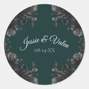 Dark Green Black Grey Roses Gothic Wedding Classic Round Sticker