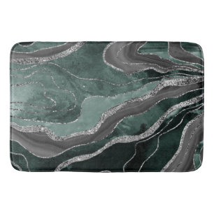 Dark Green Black Marble Agate Silver Glitter Glam Bath Mat