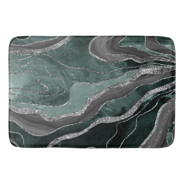 Dark Green Black Marble Agate Silver Glitter Glam  Bath Mat (Front)