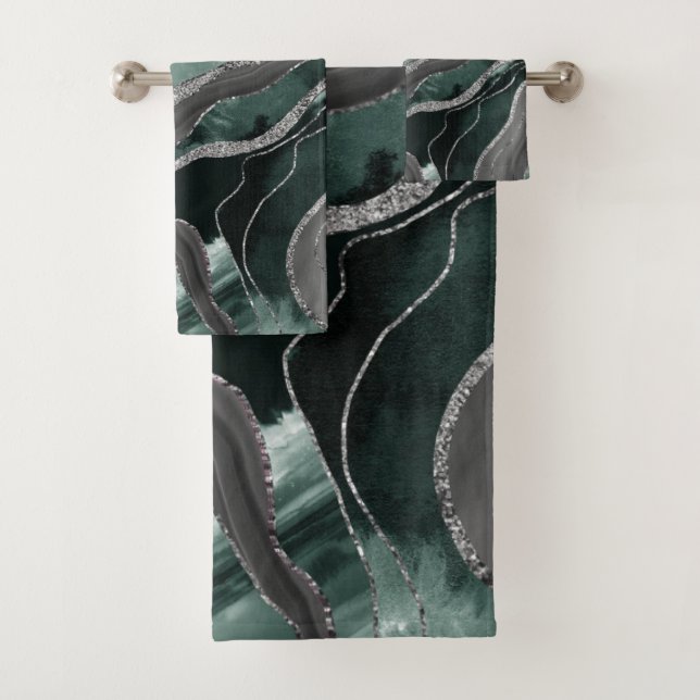 Dark Green Black Marble Agate Silver Glitter Glam  Bath Towel Set (Insitu)
