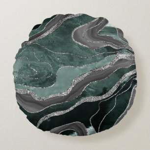 Dark Green Black Marble Agate Silver Glitter Glam  Round Pillow