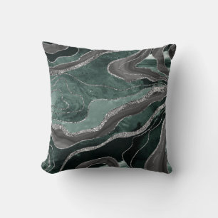 Dark Green Black Marble Agate Silver Glitter Glam  Throw Pillow