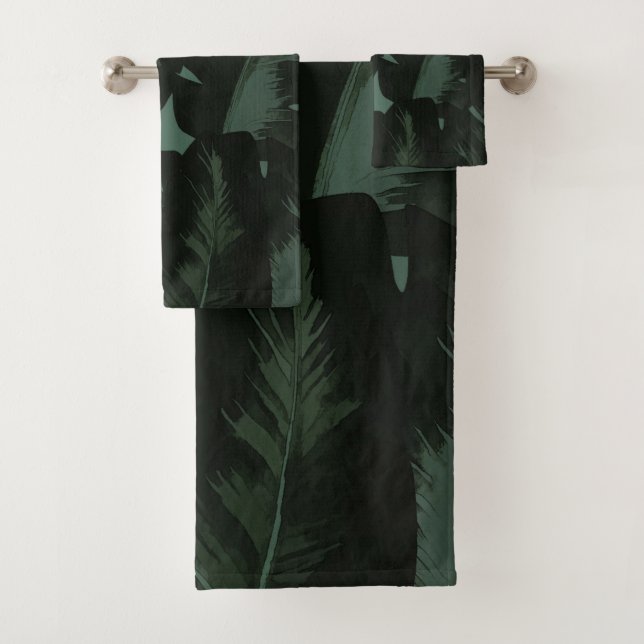 Dark Green & Black Tropical Palm Leaves Tropics Bath Towel Set (Insitu)