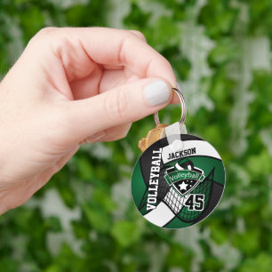 Dark Green, Black & White Volleyball Design Keychain