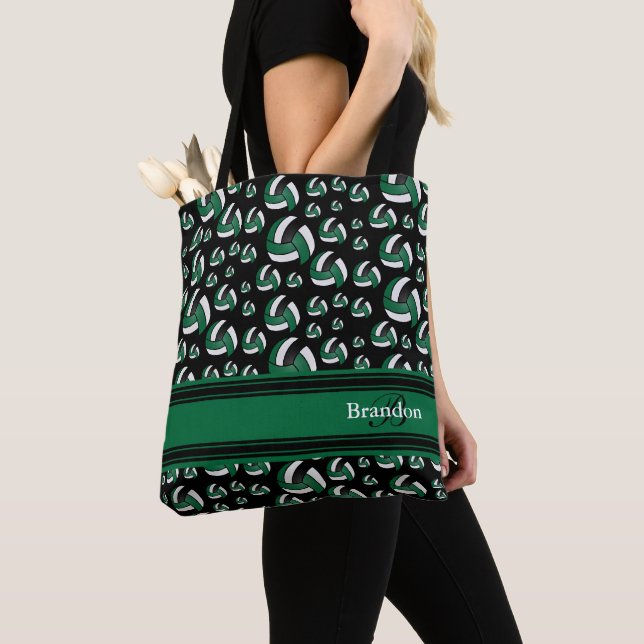 Dark Green, Black & White Volleyball  Personalize  Tote Bag (Close Up)
