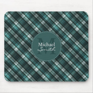 Dark Green (Blue Green) Plaid Striped Monogram Mouse Pad