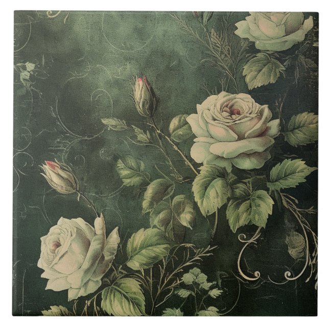 Dark Green Blush Rose  Tile (Front)