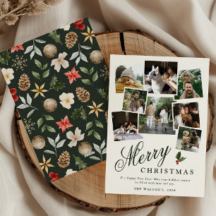 Dark Green Botanical Photo Collage Christmas Holiday Card