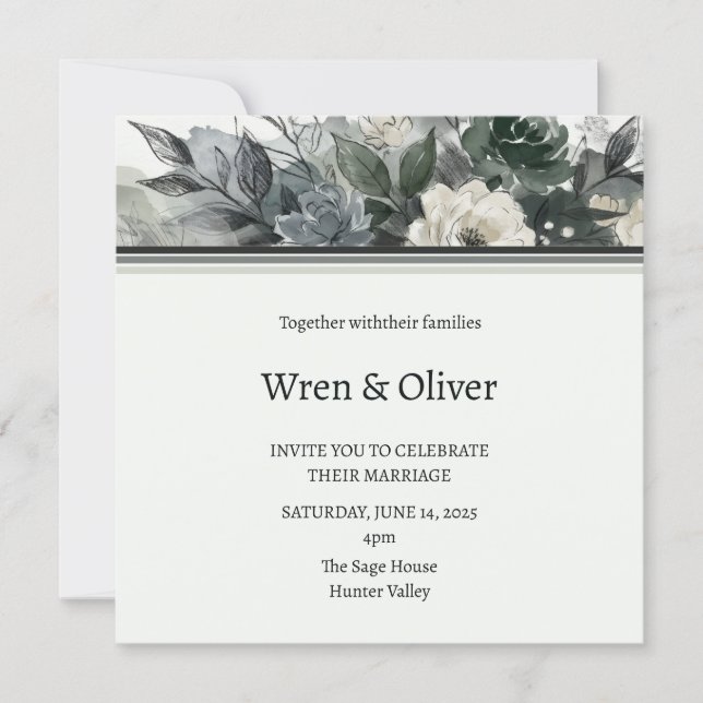 Dark Green Botanical Rose Wedding Invitation (Front)