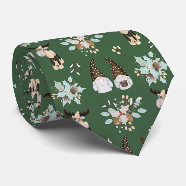 Dark Green Brown Gnomes Moose  Tie (Rolled)