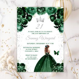 Dark Green Brown Hair Princess Birthday Party Invitation