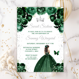 Dark Green Brunette Hair Princess Sweet Sixteen Invitation
